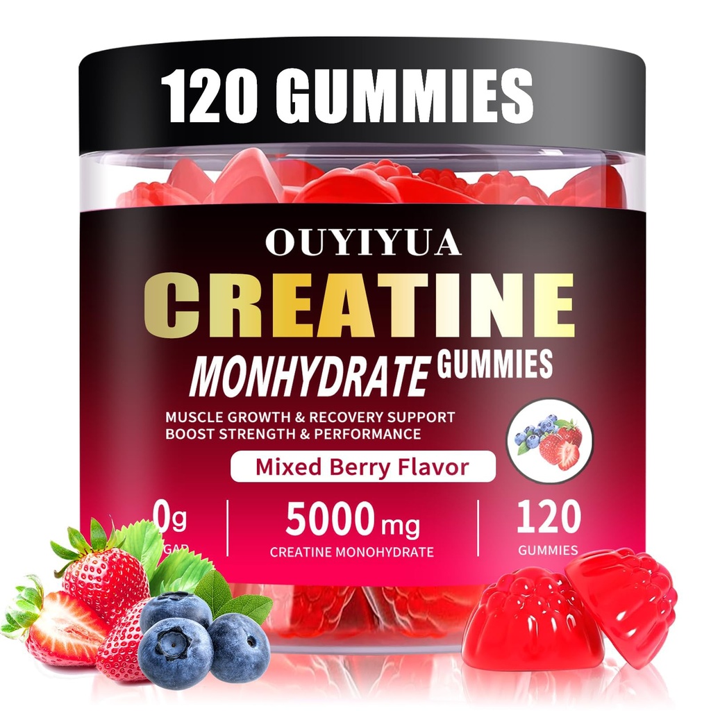 Cretina Monohydrate Gummies 5000mg para Hombres &amp; Mujeres - Sugar Suplemento Pre-Workout gratuito, Chewables para la fuerza muscular, Muscle Builder, Energy Boost, Mixed Berry Flavor, 120 Conde