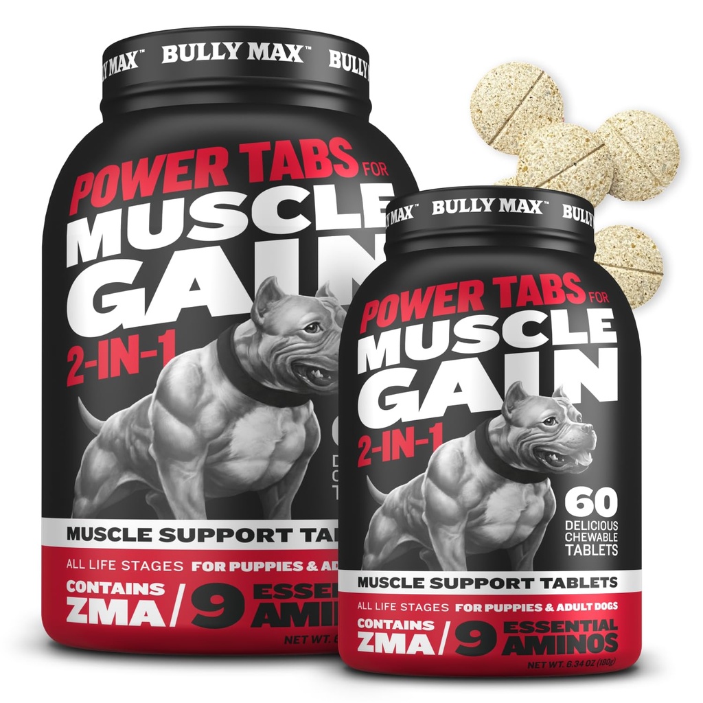 Bully Max 2-in-1 Muscle Builder Tablas para cachorros " Perros adultos - Vitaminas de perros " Suplementos para la ganancia muscular " Crecimiento - Canine Puppy Multivitamins for All Breeds " Edades - 60 Tabs (2 Botellas)