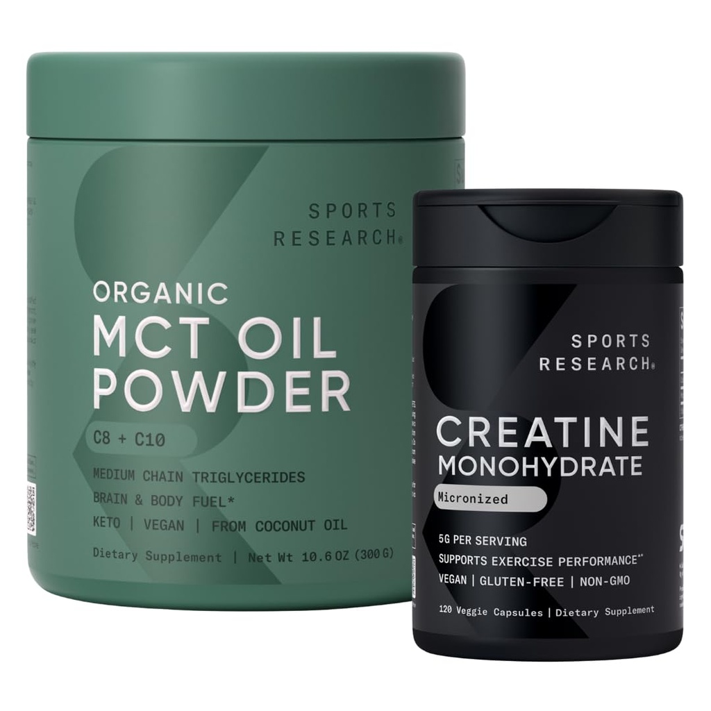 Sports Research® Keto Pack with Creatine Monohydrate Capsules and Organic MCT Oil Powder - Keto & Vegan MCTs C8, C10 de Coconuts