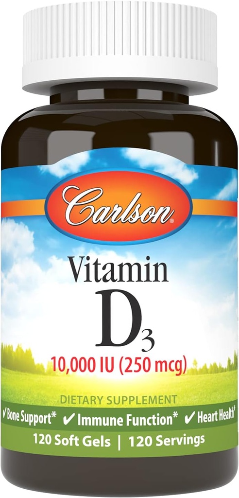 Carlson - Vitamina D3, 10000 UI (250 mcg), Suplementos de Vitamina D, Soporte de Bone & Immune, Vitamina D3 Softgels, Salud del Corazón, Gluten Free Vitamin D Capsules, 120 Softgels