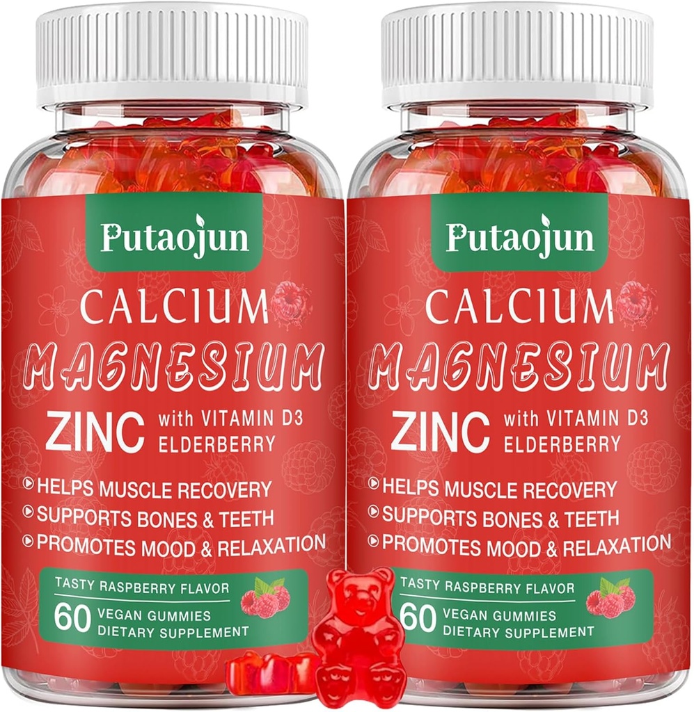 Alta Absorción Calcium Magnesium Zinc Gummies, Azúcar libre Calcium Magnesium Zinc Suplemento con D3 ← Bone " Teeth Strength ← Muscle " Nerve Función ← Vegan ← Raspberry Flavor ← 2 Pack
