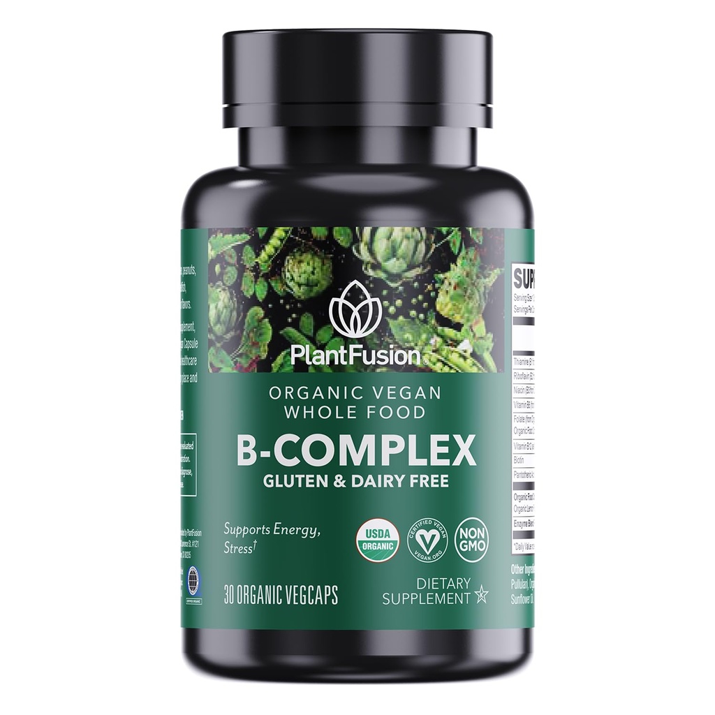 PlantFusion Organic Vitamin B-Complex, Vegan Whole Food Supplement for Energy & Metabolism, Methylated B12, Guava, Lemon & Basil, Non-GMO, Gluten-Free - 30 cápsulas