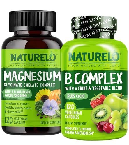 NATURELO Vitamin B Complex with Fruit & Vegetable Blend - 120 Capsules and Magnesium Glycinate Chelate Complex - 120 Capsules Bundle