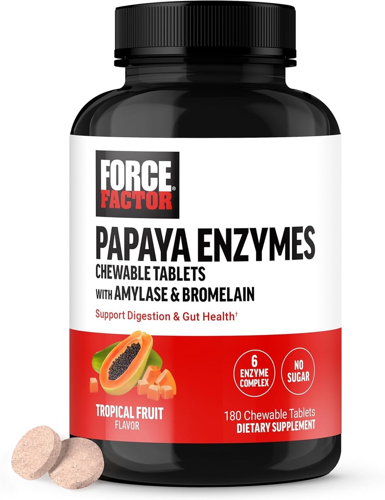 FORCE FACTOR Complejo Papaya Enzymes, Suplemento de Digestión y Alivio de Bloating con Amylase y Bromelain, Apoyo Digestión Saludable, Azúcar Libre, No GMO, Sabor de Frutas Tropicales, 180 Tabletas Chewable
