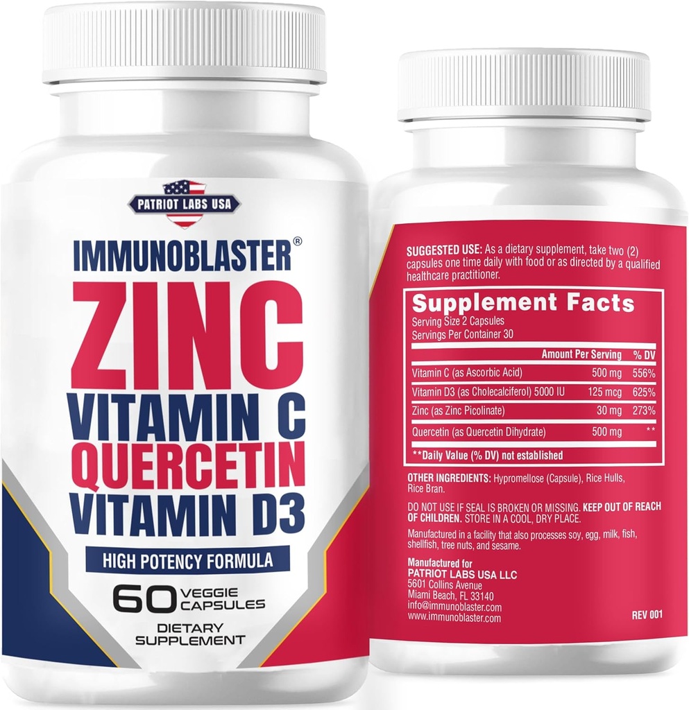 Zinc Quercetin 500 mg con vitamina D y C Antioxidante Immune Soporte Alto Potency Quercetin Zinc Suplemento para Hombres y Mujeres - Gluten, Soy, & Dairy Gratis - 60 Cuenta (Pack of 1)