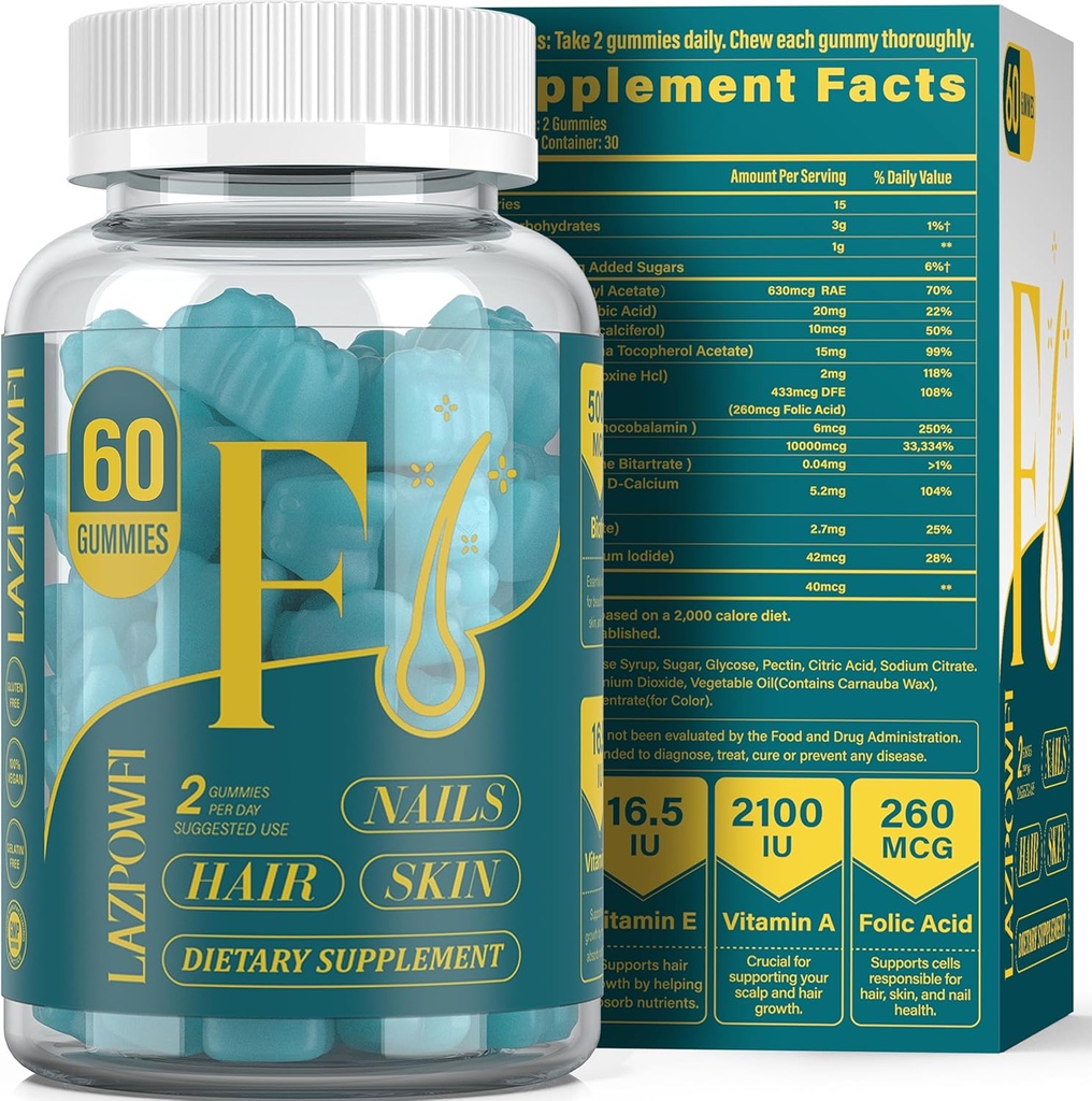 Biotin Gummies -Hair Skin and Nails Vitaminas para Hombres & Mujeres, Vegan Vitamina B7, apoya el crecimiento del cabello y uñas más fuertes,30 Day Supply - Blueberry-60 Counts