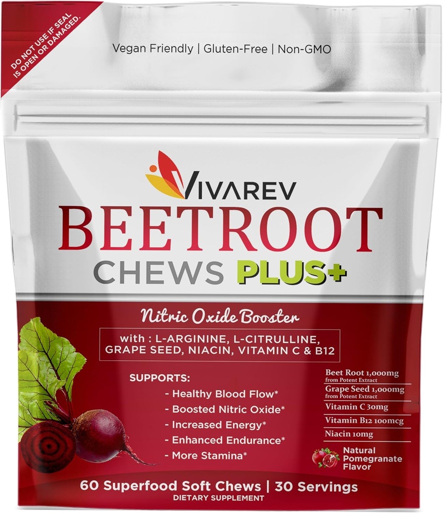 Beetroot Nitric Oxide Suplemento - 1000mg Beet Powder con L Arginine, L Citrulline, Grape Seed Extract, Niacin, Vitamina C & B12 - Beet Chews - Paquete de 60