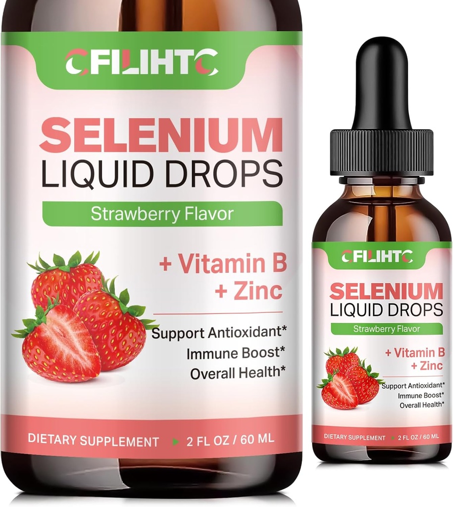 Selenium Liquid Drops - 200mcg Liquid Selenium Supplement with Vitamin B Complex & Zinc - Support for Immune System, Antioxidant & Heart Health, High Absorption - Flavor de fresa, 2 Fl Oz
