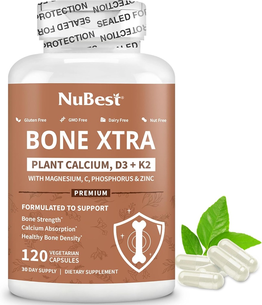 NuBest Bone Xtra Plant-Based Bone Strength Formula with Calcium, Magnesium from Marine Algae, Phosphorus, Vitamin C, K2, D3 ← Immunity & Maximum Calcium Aborption  1 Month Supply
