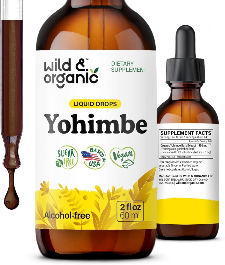 Suplementos de Yohimbe ecológicos para hombres y mujeres - 5 mg de Yohimbine Liquid Extract Drops - Pausinystalia Yohimbe Bark Tincture - Vegan, sin alcohol - 2 fl oz