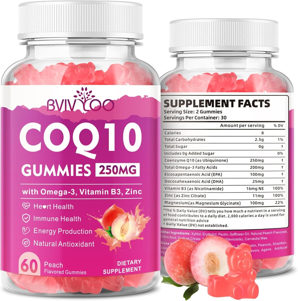 CoQ10 Gummies 250mg, Plus Omega-3, Vitamina B3 " Zinc, Magnesio - Coenzima de alta absorción Q10 Suplementos para la salud del corazón, energía celular, " Apoyo antioxidante, 60 Condes