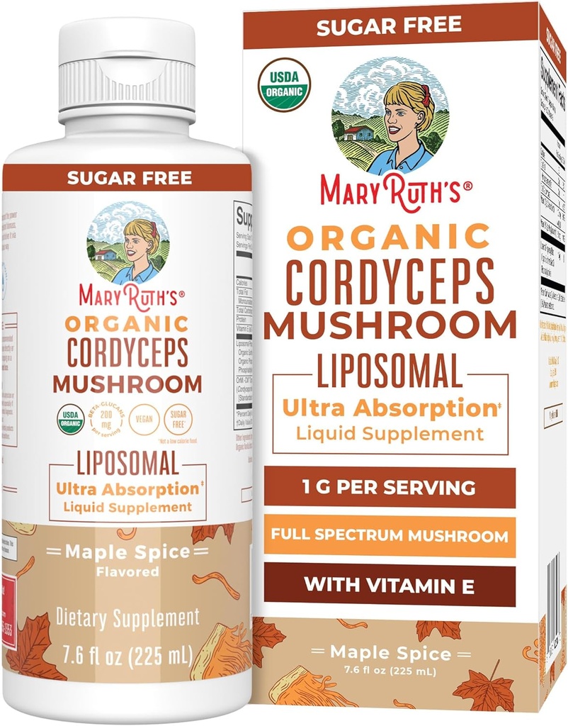 MaryRuth Organics Cordyceps Mushroom Suplemento Silencio Ultra Absorption Liposomal TEN Full Spectrum Mushroom TEN 200mg Beta-Glucans Por Serving TEN USDA Organic TEN Vegan Silencio 7.6 oz Silencio 15 Servings