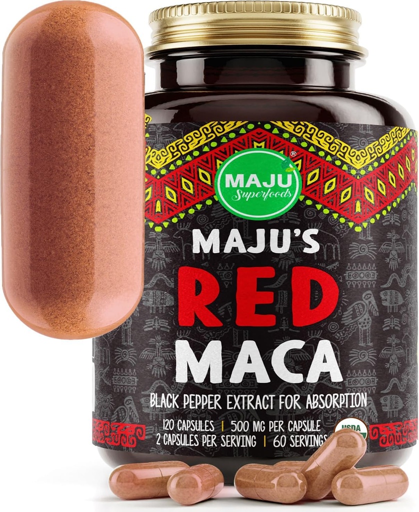 Maju Superfoods Organic Red Maca Root Capsules 120ct - Mujeres Enhancement de la Curva Enfocada Nutrición Booster Pills, Gain for Thighs, Powder in Pill Supplement