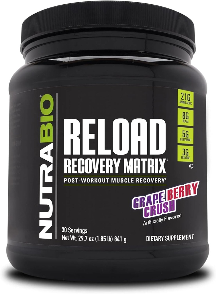 NutraBio Reload - Powerful Muscular Recovery Formula - Suplemento post-operatorio - 3G Creatina - 8G BCAAs - 5G Glutamina - 30 Servimientos, Crush de Berry Grape