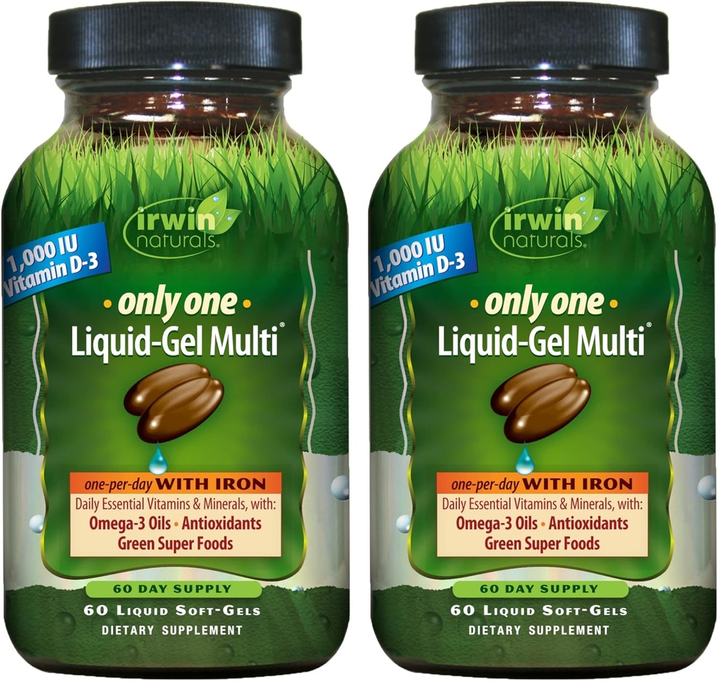 Irwin Naturals Only One Liquid-Gel Multi with Iron - 60 Liquid Soft-Gels, Pack of 2 - Omega-3 Oils, Antioxidantes & Green Super Foods - 120 Total Servings