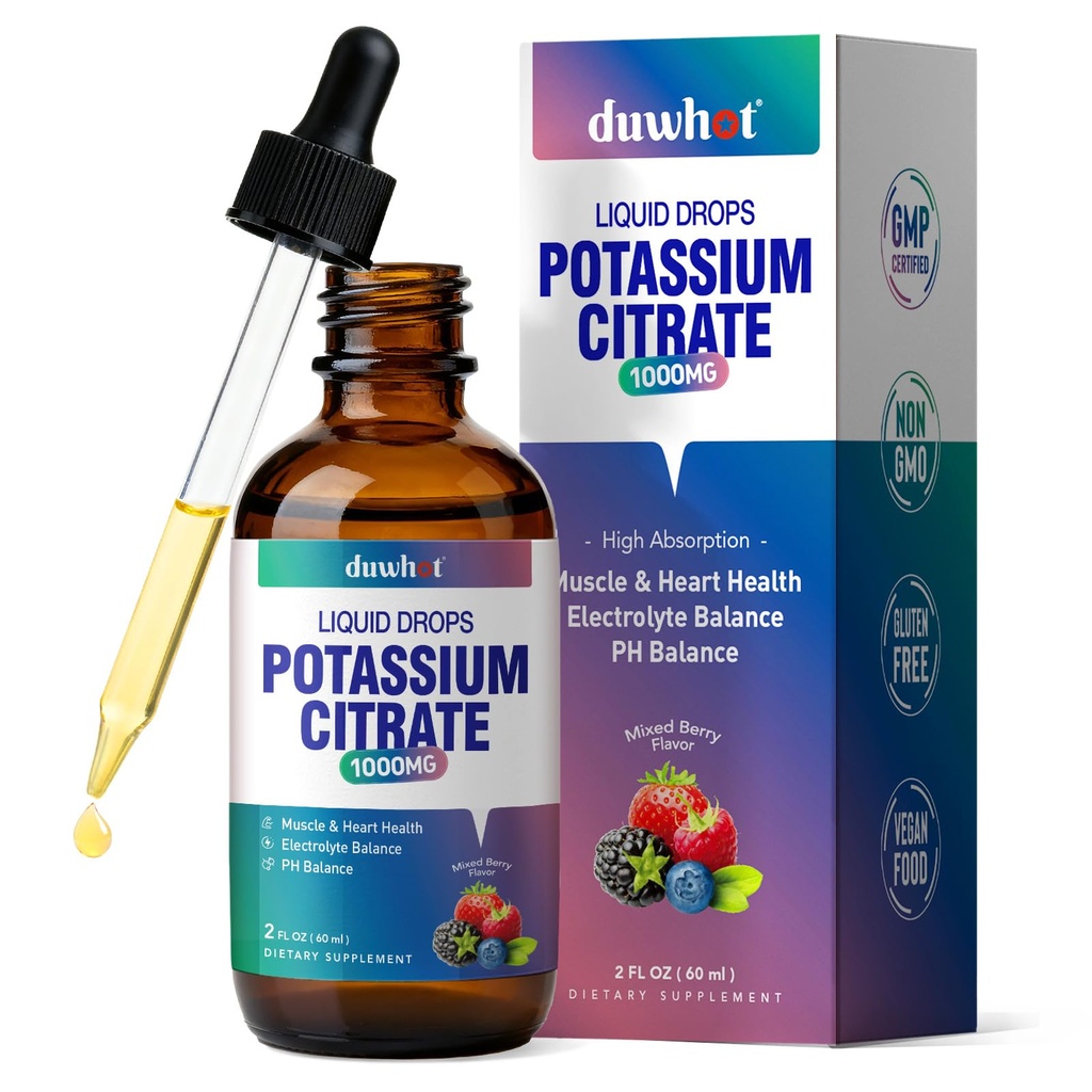 Liquid Potassium Citrate Supplement, Potassium 1000mg Drops for Women & Men, with Zinc Citrate, Vitamin B6, Sodium & Taurine, High Potassium Electrolytes, 2 Fl Oz