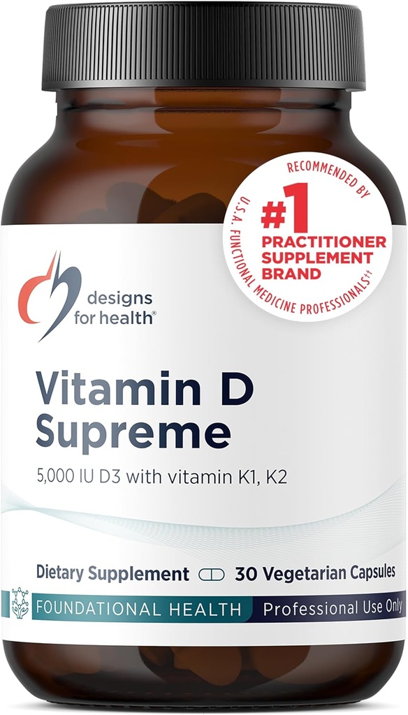 Diseños para la salud Vitamina D Supremo - Vitamina D 5000 UI con 2000mcg Vitamina K como MK4 para la salud ósea, la salud cardíaca & soporte inmunológico - Vitamina D3 Mejorada con GG Suplemento (30 cápsulas)