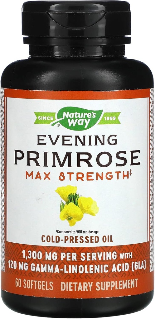Manera de la naturaleza Primrose Oil, Cold Pressed, 120 mg GLA por Serving(1), 60 Softgels (Packaging May Vary)