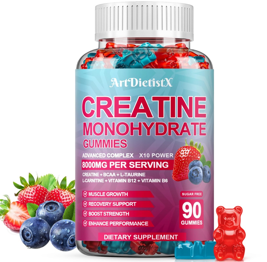 Cretina Monohydrate 8000mg Gummies con BCAA, L-Carnitina, Taurina & Vitamina B12 - Pre Workout Suplemento para el Crecimiento del Musculo, Fuerza de Energía, Gummes Multi-Flavor Chewable, 90 Cuenta para Hombres y Mujeres