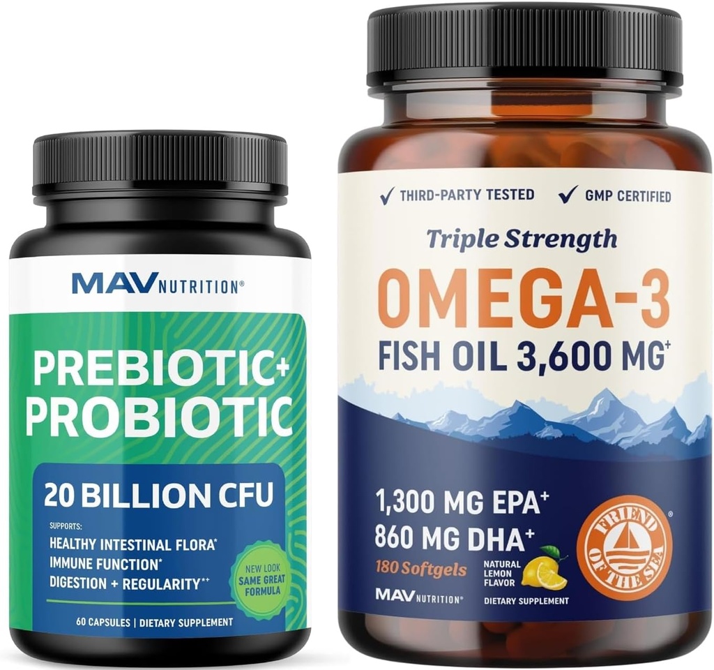 Petróleo de Pez Omega 3 y cápsulas probióticas ← Triple Strength EPA & DHA Omega 3 Burpless Softgels Plus Probiótico " Prebióticos cápsulas para Gut Health " Immune Support ← 60 Sirve cada uno