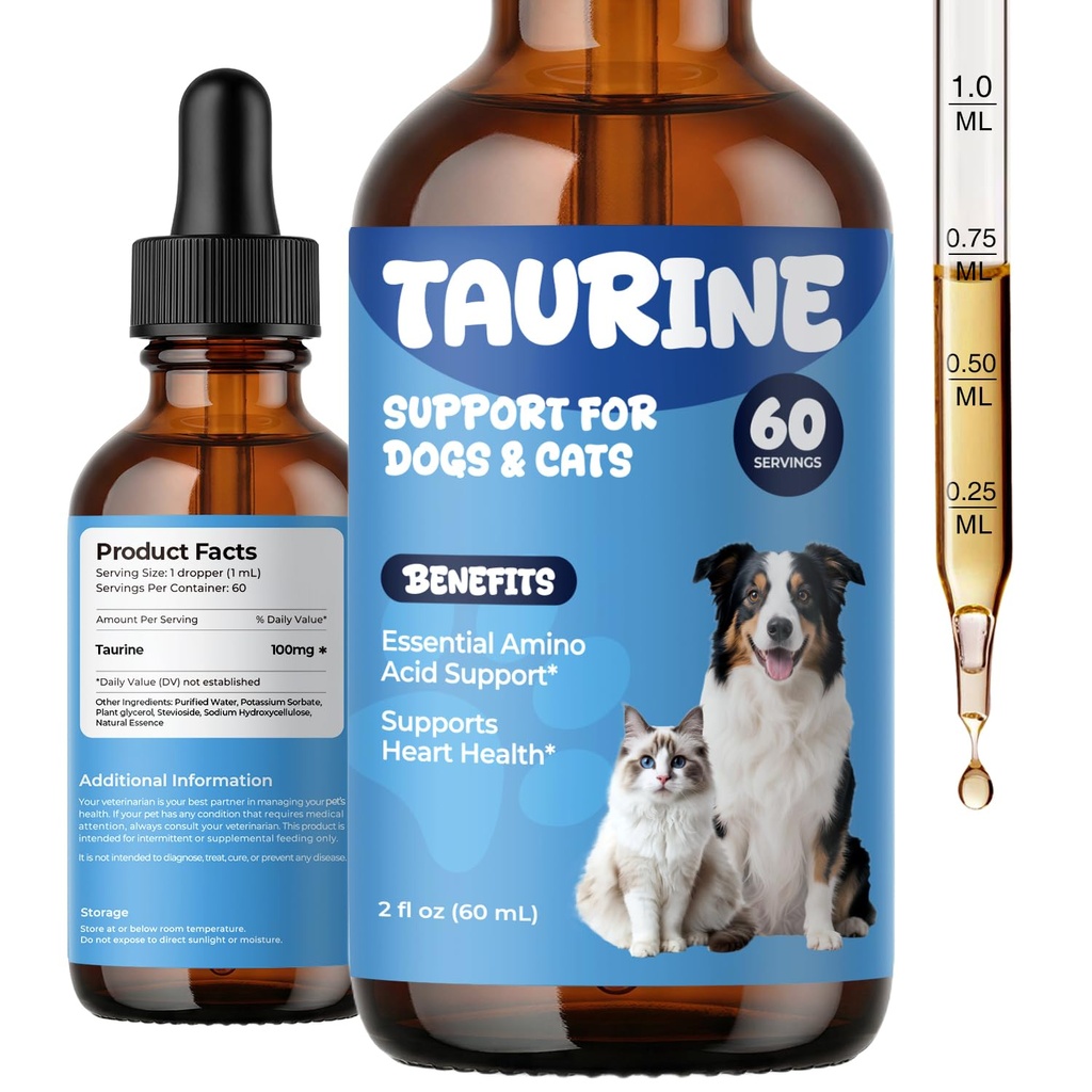 Taurine Supplement for Dogs & Cats Drops – Daily Amino Acid Liquid Drops for Heart Function, Vision Support & Balanced Pet Nutrition