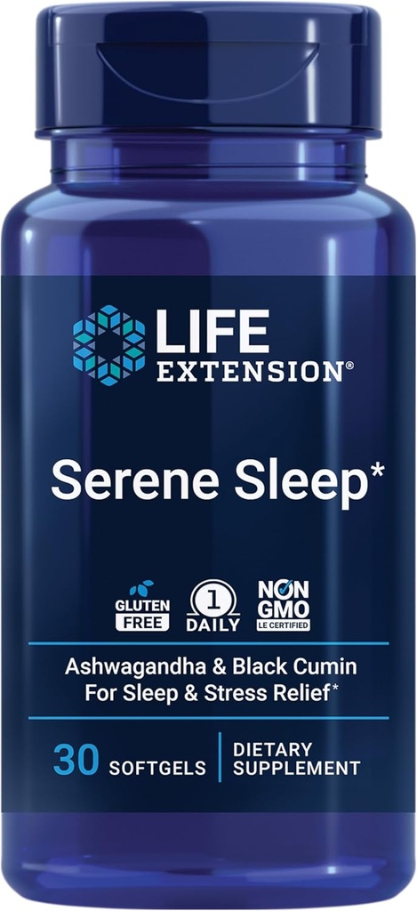 La extensión de vida sueño sereno – Ashwagandha, Cumin Negro – Suplemento de sueño, calma, relajación, apoyo al sueño sin melatonina – Una vez al día, libre de gluten, no GMO – 30 Softgels