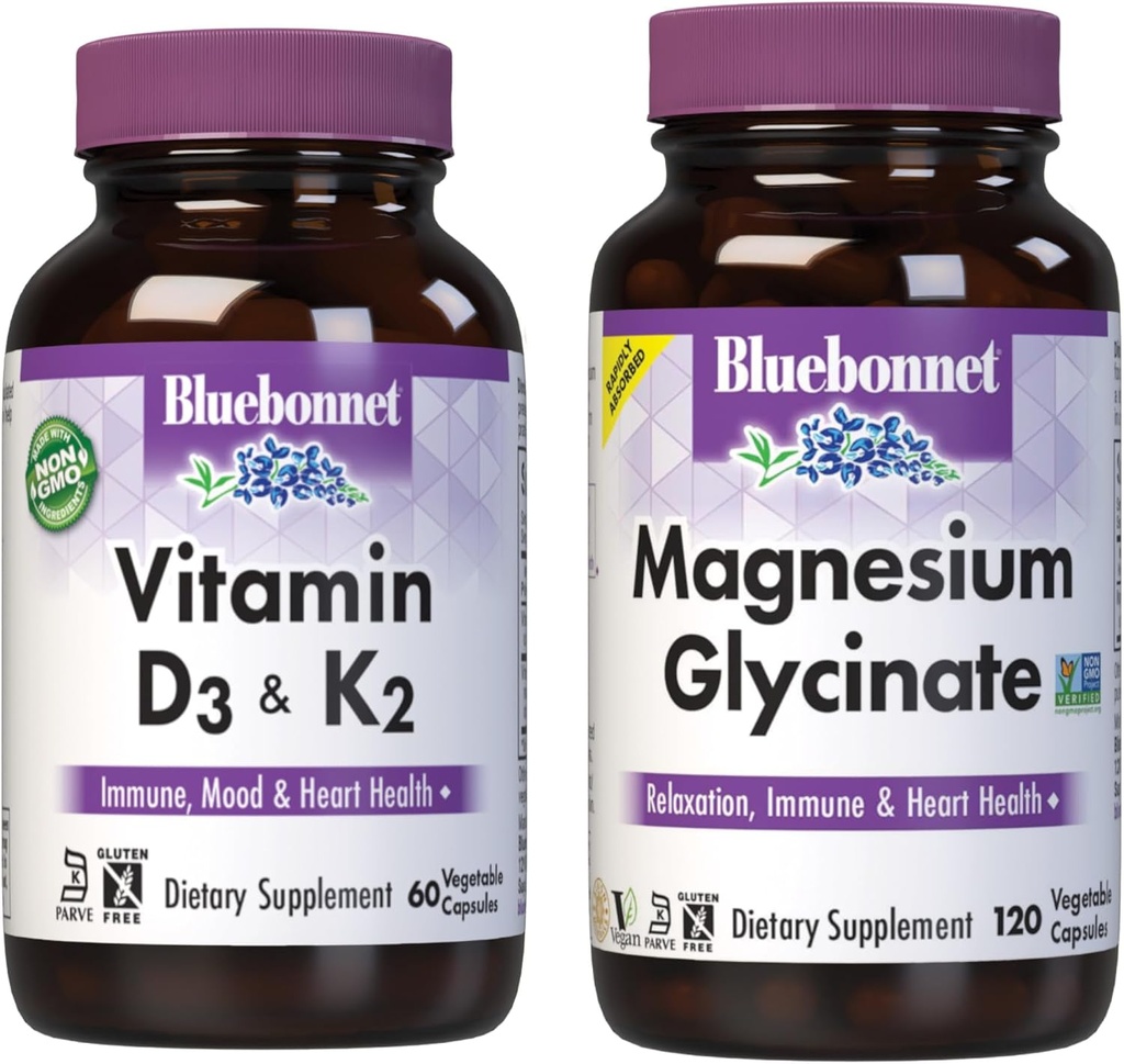 BlueBonnet Nutrition Vitamina D3 y K2, y Magnesium Glycinate Vegetal Capsules Bundle