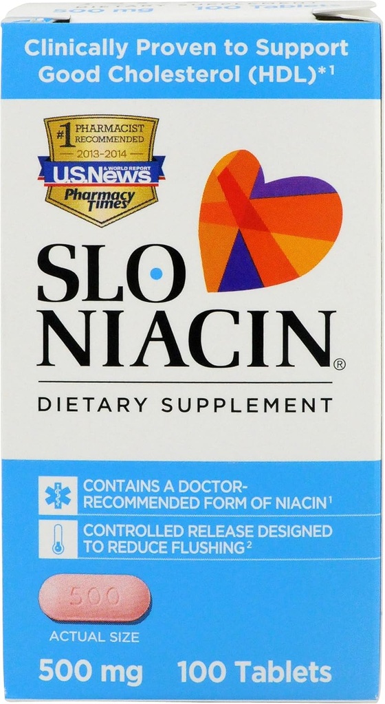 Niacina de liberación controlada de poligel Slo-Niacin, 500 mg, 100 conteo