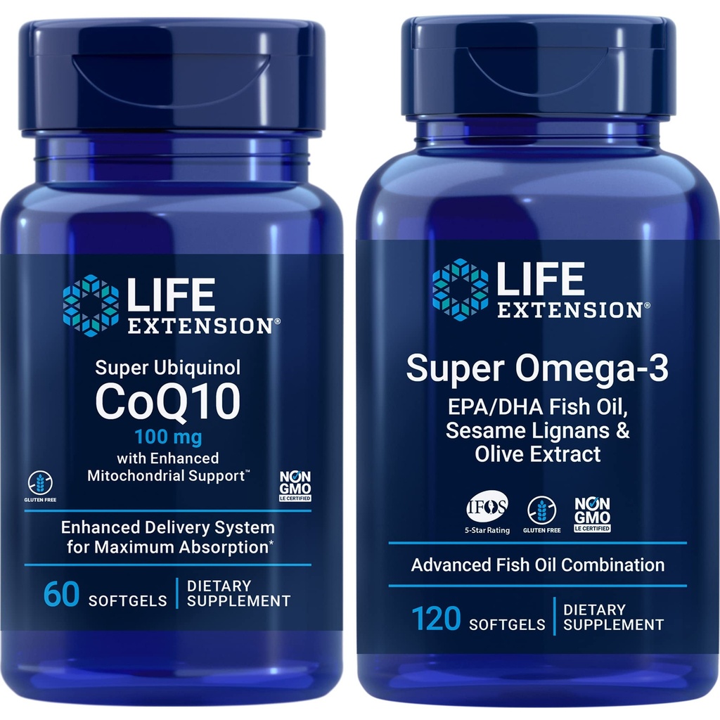 Extensión de la vida Super Ubiquinol Coq10, 100 Mg, 60 Softgels ← Super Omega-3 Epa/dha Fish Oil, 120 Softgels ¦ Heart " Brain Health Supplements, Inflammation Management, Anti-Aging Support.