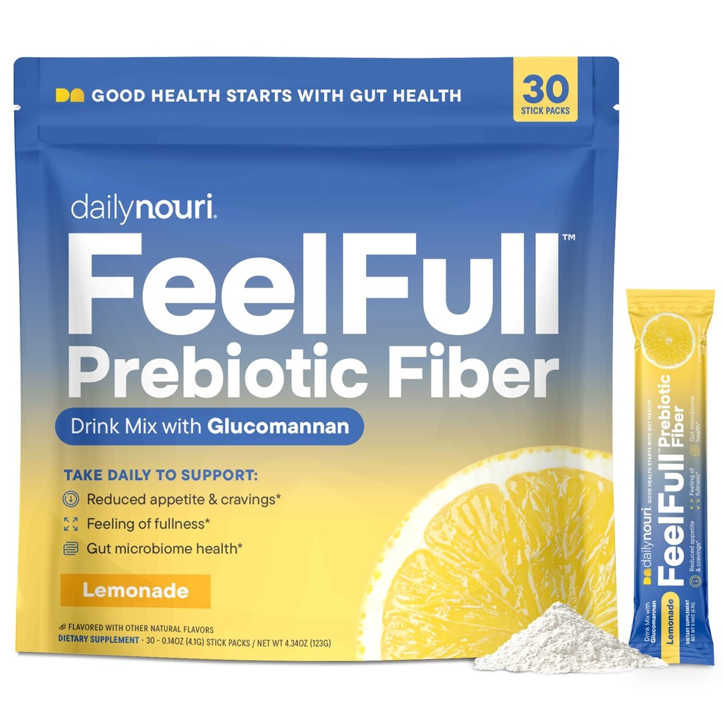 Daily Nouri FeelFull Prebiotic Fiber Drink Mix ← Soporta la plenitud natural, el control de los ahorros, Gut & Metabolic Health TEN Oligofructose, Glucomannan " Chromium TEN 30 Stick Packs