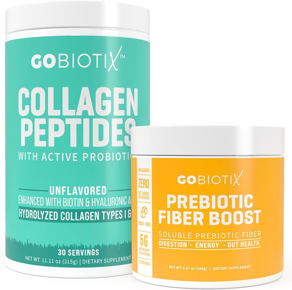 GOBIOTIX Fiber & Collagen Abanico: Cabello, Esquí, Gut Soporte - 30 Servidores Collagen, 35 Servidores Fiber