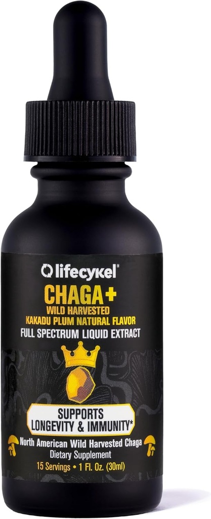 Life Cykel - Chaga Mushroom Extract with Kakadu Plum - Double Extracted Mushroom Tincture - Non-GMO Suplemento de apoyo inmunitario para adultos y niños - 1 Fl Oz