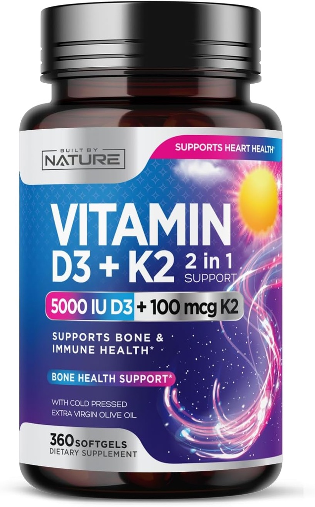 Construido por Nature Vitamin D3 K2 con aceite de oliva virgen extra prensado frío – 5000 UI Vitamina D, 100mcg Vitamina K MK-7 Suplemento – Easy to Swallow Mini Soft Gels - 1 año de suministro - 360 Softgels