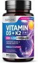 Construido por Nature Vitamin D3 K2 con aceite de oliva virgen extra prensado frío – 5000 UI Vitamina D, 100mcg Vitamina K MK-7 Suplemento – Easy to Swallow Mini Soft Gels - 1 año de suministro - 360 Softgels