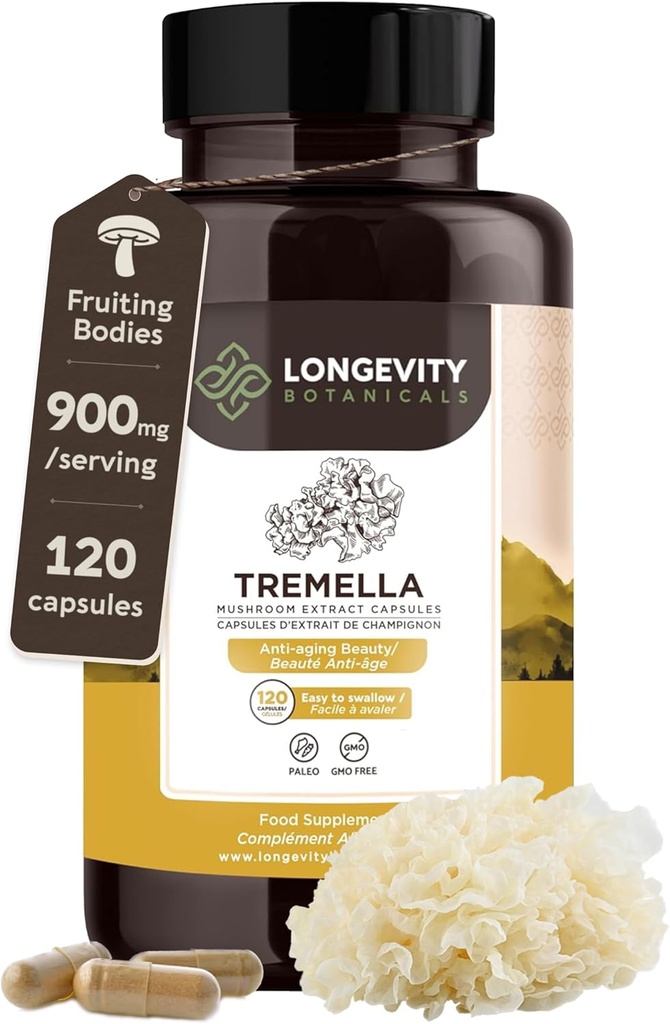 Longevity Botanicals Tremella Mushroom Extract Capsules (120) ¦ Concentrate 10:1 Ratio, 100% Fruiting Bodies ← Snow Fungus Mushroom Suplemento para Skin, Hair, Nails, Joints & Brain Support
