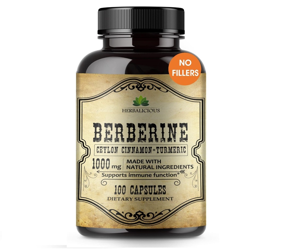 Beberine Capsules Ceylon Cinnamon &amp; Turmeric - Beberine HCL Suplemento dietético para hombres y mujeres – No GMO Berberine 1000mg – Ideal para soporte inmunitario, corazón, nivel de colesterol