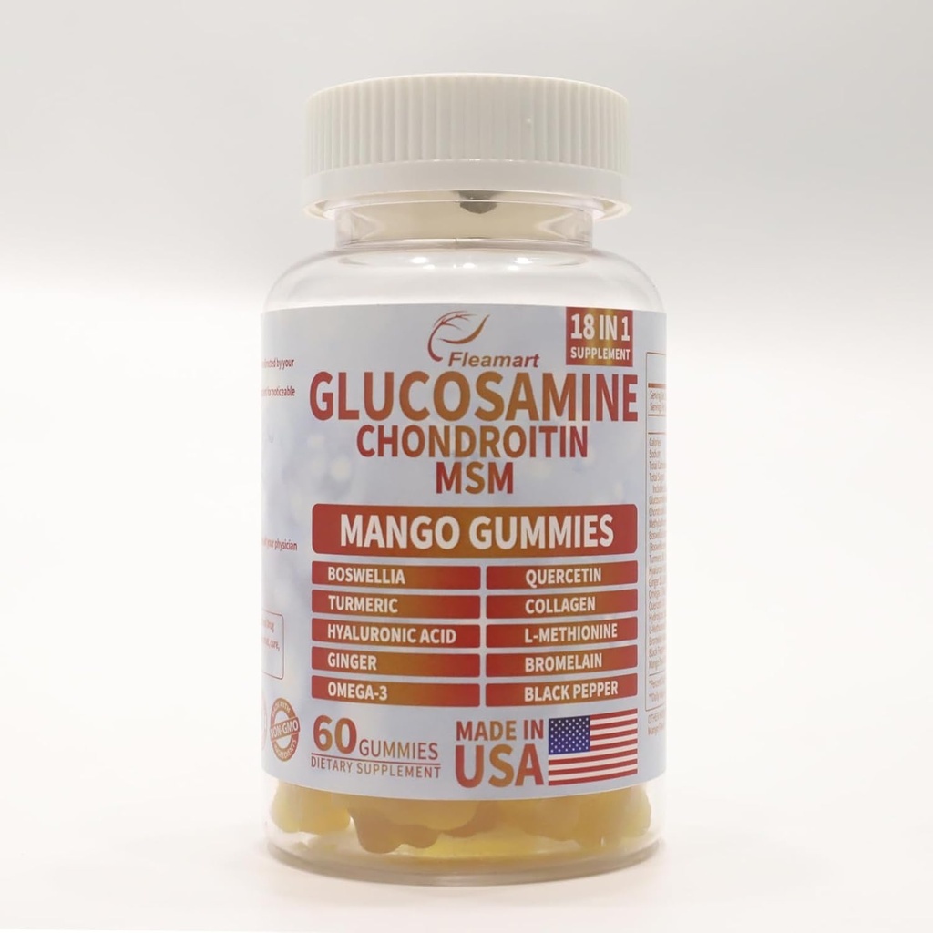Glucosamine Chondroitin Gummies with MSM 60 CT Sugar Glucosamine Chondroitin Gummies Triple Strength for Joint Health & Immune Support for Adults, Men & Women - Mango Flavor