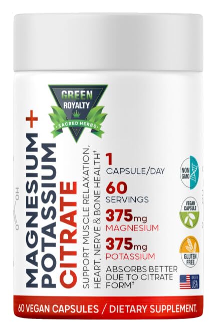 Citrato de magnesio + potasio 60 cápsulas Veganas Premium(Citar 375 mg) + (375 mg de potasio) No GMO, Gluten Gratis - Suplemento de alta absorción Hecho en EE.UU.