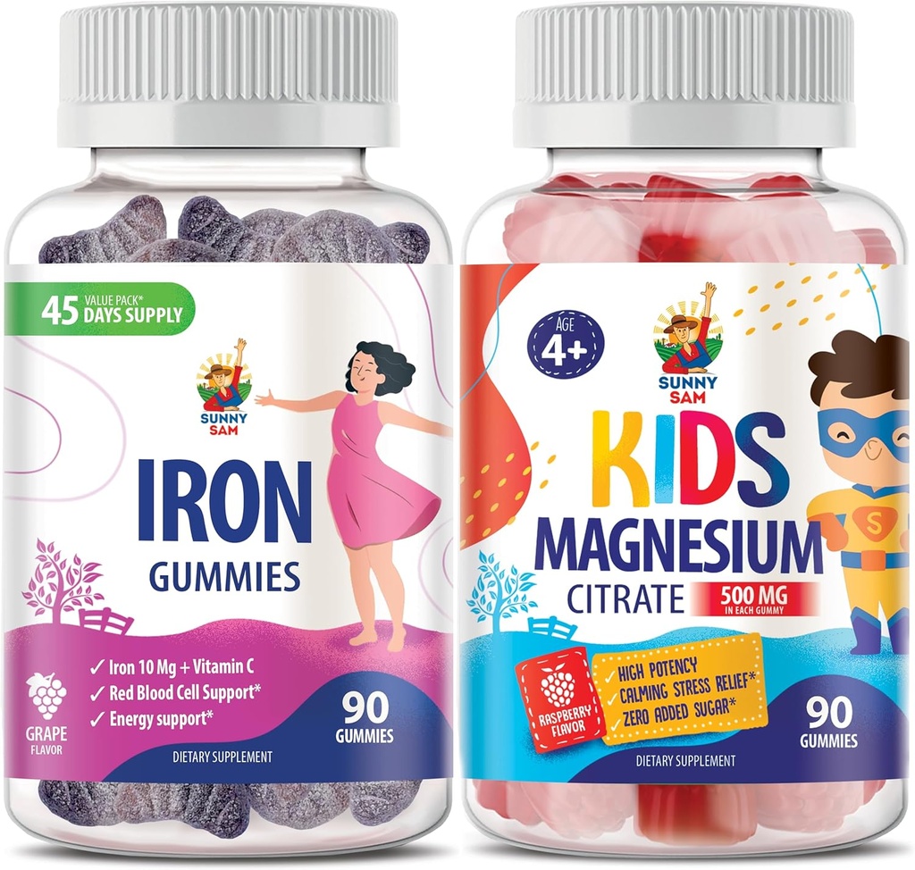 Gummies de magnesio para niños 500 mg de hierro para adultos - Vitaminas de hierro con vitamina C