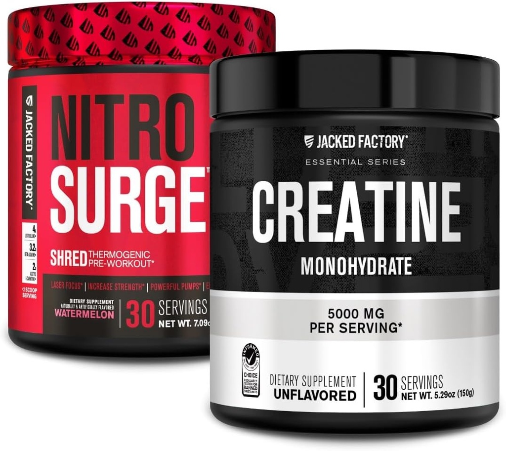 Fábrica de Jacked NITROSURGE Suplemento de entrenamiento previo (Watermelon, 30 Servings) & Creatine Monohydrate Powder (Unflavored, 30 Servings)