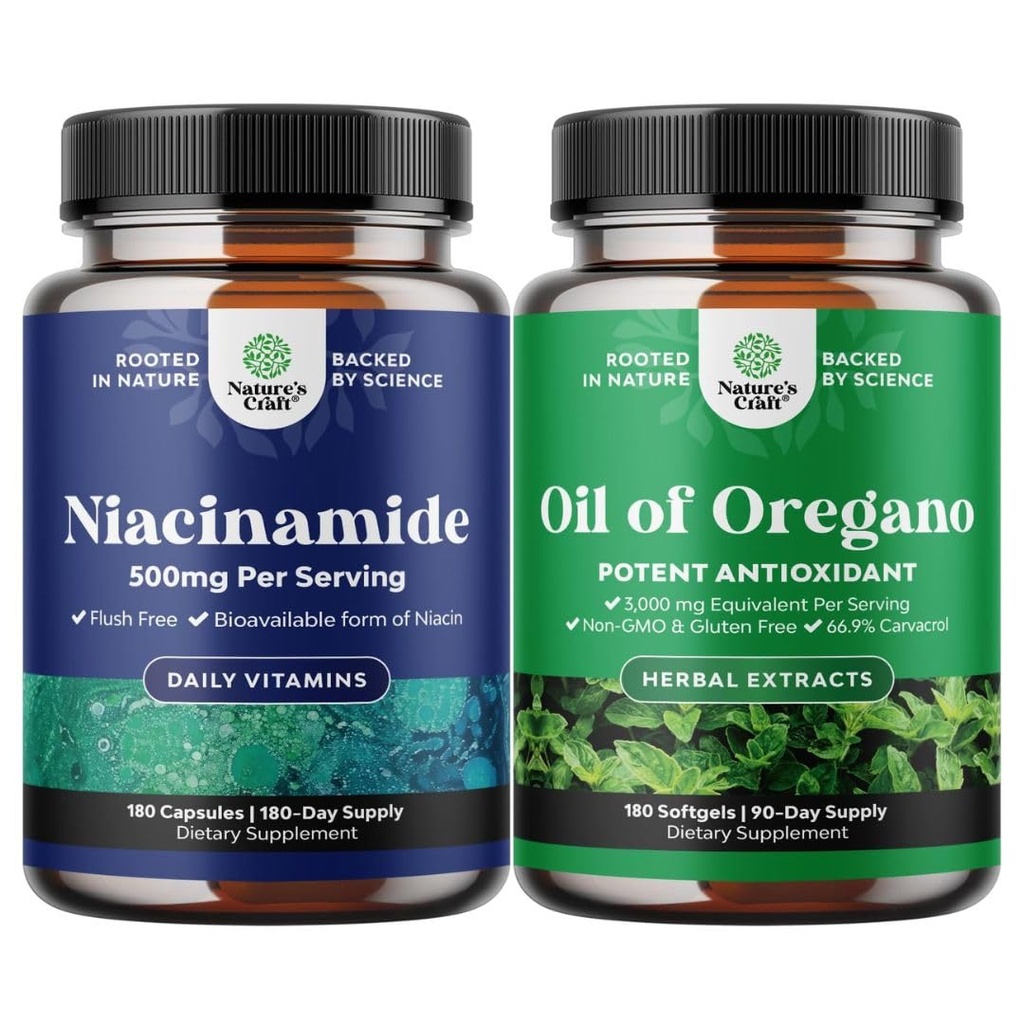 Bundle of Pure Vitamin B3 Niacinamide for Skin Health Detox & NAD Production Support for Women & Men and Wild Oregano Oil Softgels - Concentrated Oil of Oregano Softgels for Gut & Healthy Heart Health