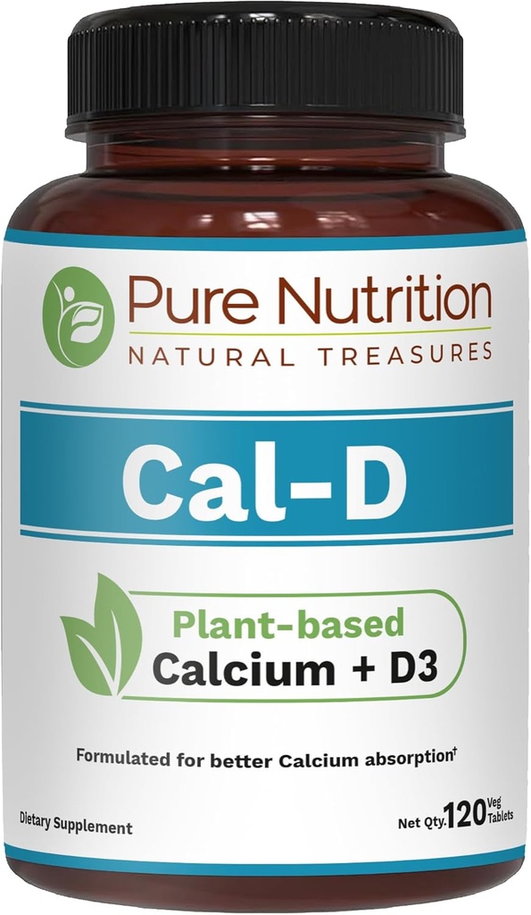 Pura Nutrición Cal D - Calcio con base vegetal con VIT D3 K2 & Magnesio TEN 120 Tabs TEN 500mg Calcium Vegan per Serving ANTE Algae Calcium Supplement for Bone Health