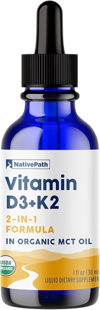 NativePath D3K2 Tintura - 1000IU Vitamina D3 y Vitamina K2 Suplemento con MCT orgánico Petróleo 1 onza fluida - Biodisponibilidad rápida Multi-Vitamin for Bone Strength and Total Body Wellness, 30 Servings