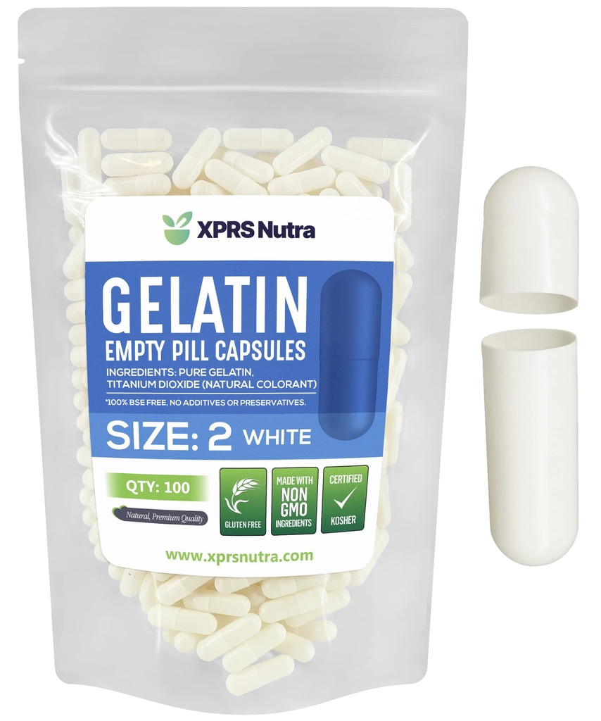 XPRS Nutra Size 2 Empty Capsules - 100 Conde Empty Gelatin Capsules - Pills DIY Capsule Filling - Pure Bovine Pill Gel Caps for Do-It-youself Supplements (White)