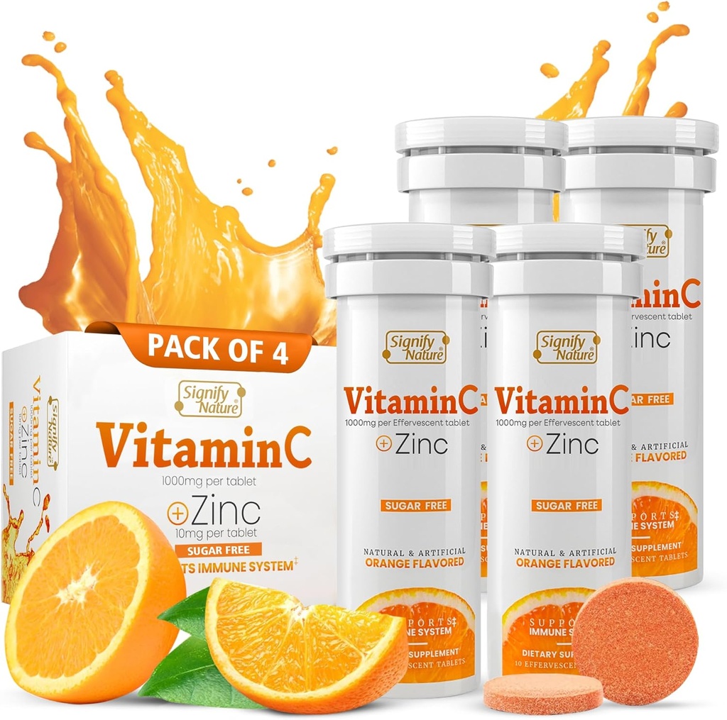 SIGNIFY NATURE Vitamina C 1000mg Tablas de Efervescencia - Potente Soporte de Inmune VIT C con Suplemento Zinc - Fórmula Vegan Libre de Azúcar Silencioso Tablas de vitamina C - Agua Soluble Fizzy Elixir - 40CT