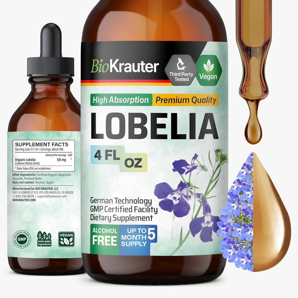 BIO KRAUTER Lobelia Tincture for Lung Cleanse " Detox - Pure Vegan Lobelia Herb Liquid Extract - 4 Fl.Oz 168 Días de Suministro - Respiración " Respiratorio Suplemento de apoyo - Alcohol " Sugar Free, Non-GMO