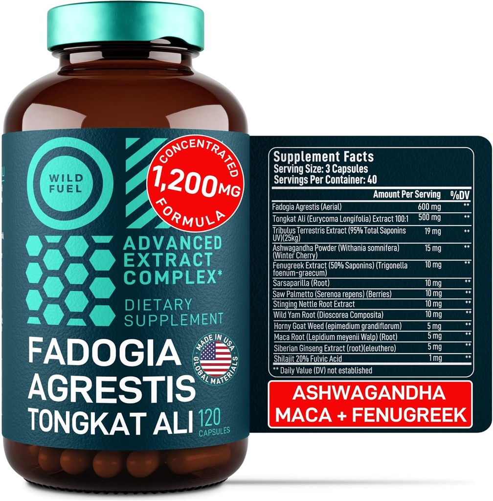 Fadogia Agrestis y Tongkat Ali Suplemento - 600mg Fadogia Agrestis para hombres, 500mg Longjack Tongkat Ali, Ashwagandha Complejo de Maca Fenugreek - Fuerza muscular, energía, soporte de mood - 120 cápsulas
