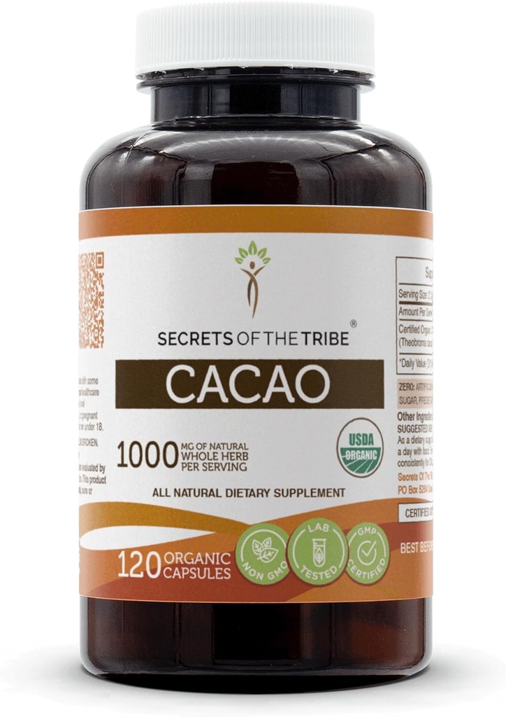 USDA Organic Cacao Capsules, 1000 mg, 120 Conde - Raw Dried Theobroma Cacao Beans