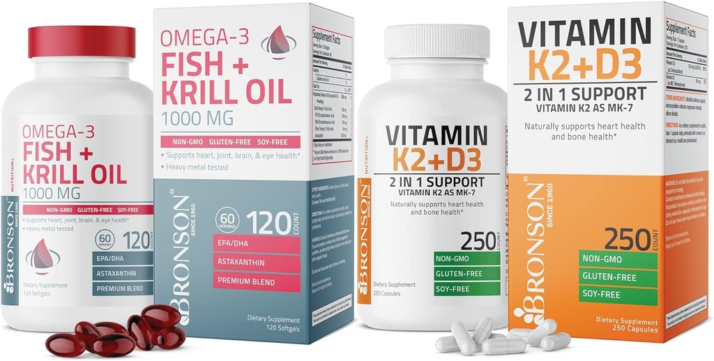 Bronson Vitamina K2 (MK7) con D3 Suplemento Omega-3 Fish + Krill Oil 1000 MG