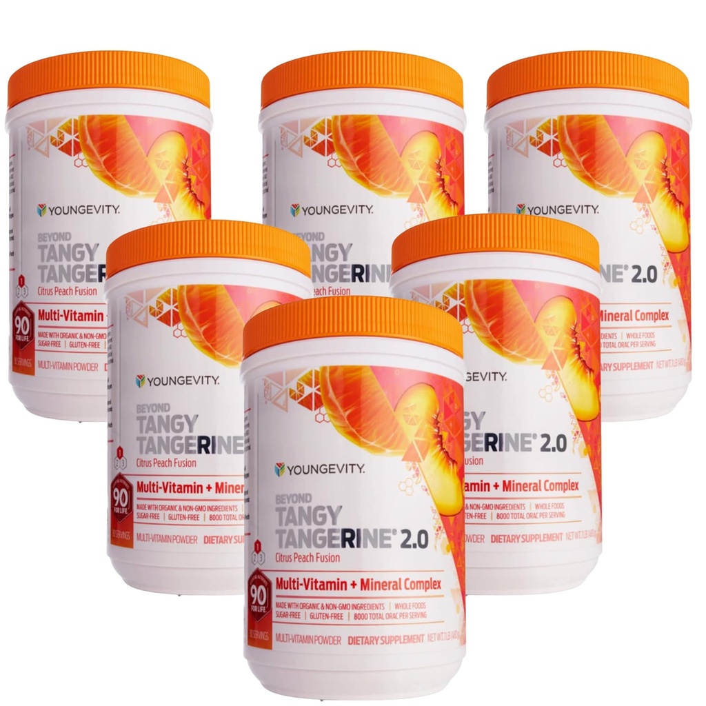 Youngevity Beyond Tangy Tangerine 2.0 Citrus Peach Fusion Multi-Vitamin & Mineral Complex - Hecho con alimentos naturales y completos TEN 8.000 ORAC (6-Pack)